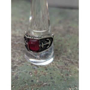 Men’s Sterling Silver Ring –Red Gemstone – Nautical Anchor–Size 11 – Stamped 925